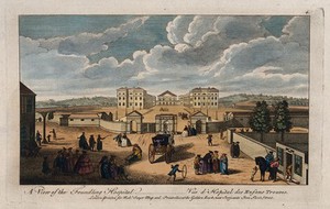 view The Foundling Hospital, Holborn, London: a bird's-eye view of the courtyard, with many people in the road. Coloured engraving after L. P. Boitard, 1753.