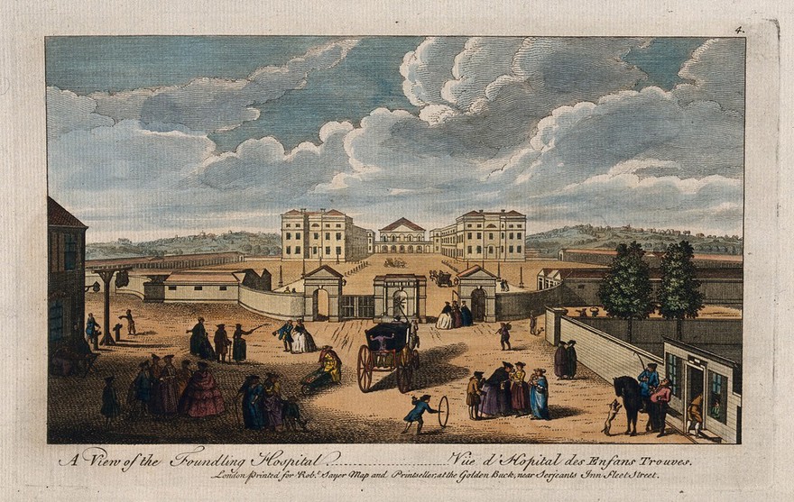 The Foundling Hospital, Holborn, London: a bird's-eye view of the courtyard, with many people in the road. Coloured engraving after L. P. Boitard, 1753.