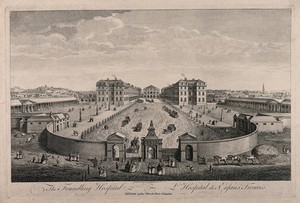 view The Foundling Hospital, Holborn, London: a bird's-eye view of the courtyard. Engraving by T. Bowles after L. P. Boitard, 1753.