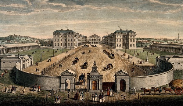 The Foundling Hospital, Holborn, London: a bird's-eye view of the courtyard. Coloured engraving by T. Bowles after L. P. Boitard, 1753.