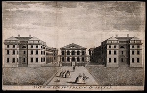 view The Foundling Hospital, Holborn, London: the main buildings with several figures. Engraving, [1751].