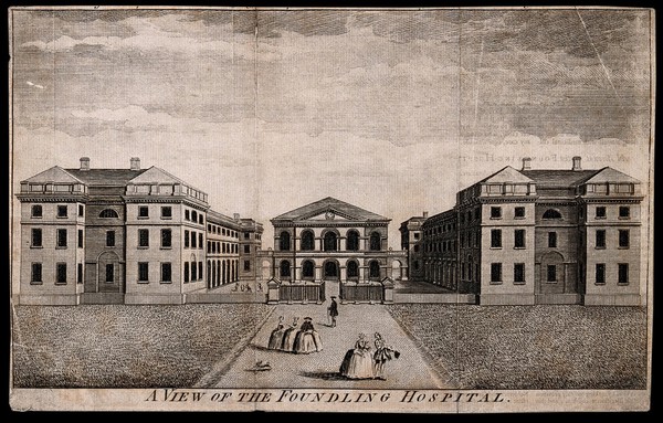 The Foundling Hospital, Holborn, London: the main buildings with several figures. Engraving, [1751].