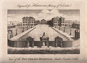 view The Foundling Hospital, Holborn, London: a bird's-eye view of the courtyard. Engraving, 1775.