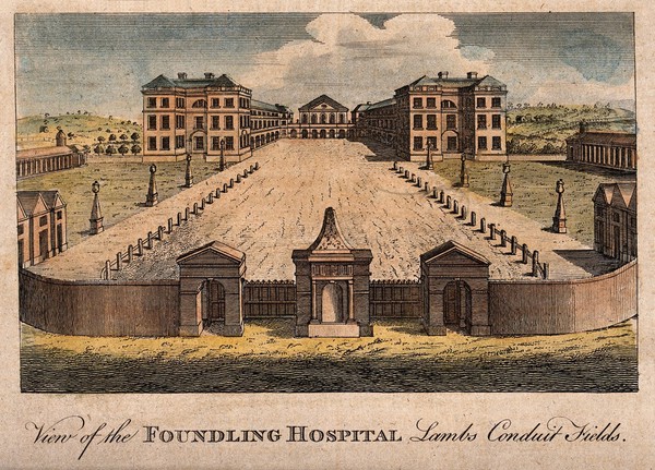 The Foundling Hospital, Holborn, London: a bird's-eye view of the courtyard. Coloured engraving.