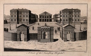 view The Foundling Hospital, Holborn, London: a bird's-eye view of the courtyard. Engraving by B. Cole, 1754 [after P. Fourdrinier, 1742].