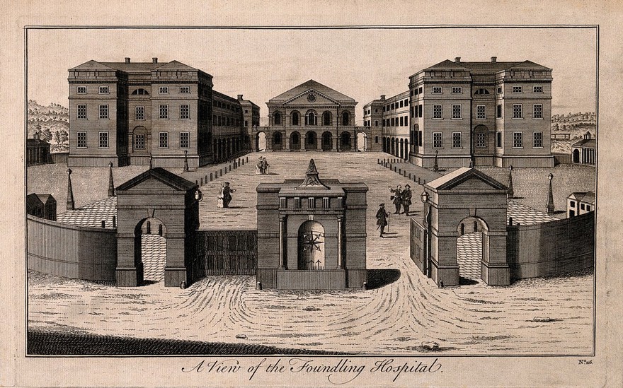 The Foundling Hospital, Holborn, London: a bird's-eye view of the courtyard. Engraving by B. Cole, 1754 [after P. Fourdrinier, 1742].