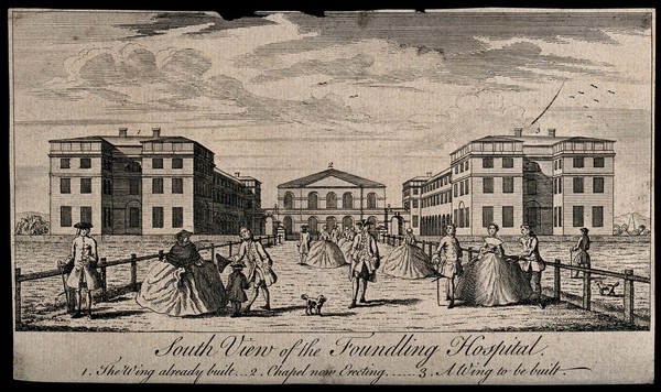 The Foundling Hospital, Holborn, London: the main buildings, with numerous people in the foreground. Engraving, ca.1750.