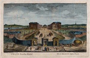 view The Foundling Hospital, Holborn, London: a bird's-eye view of the courtyard. Coloured engraving by T. Bowles after L. P. Boitard, 1753.