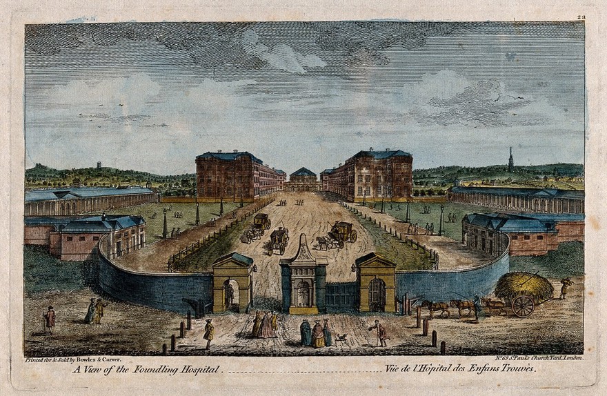 The Foundling Hospital, Holborn, London: a bird's-eye view of the courtyard. Coloured engraving by T. Bowles after L. P. Boitard, 1753.