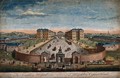 view The Foundling Hospital, Holborn, London: a bird's-eye view of the courtyard. Coloured engraving by T. Bowles after L. P. Boitard, 1753.