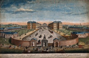 view The Foundling Hospital, Holborn, London: a bird's-eye view of the courtyard. Coloured engraving by T. Bowles after L. P. Boitard, 1753.