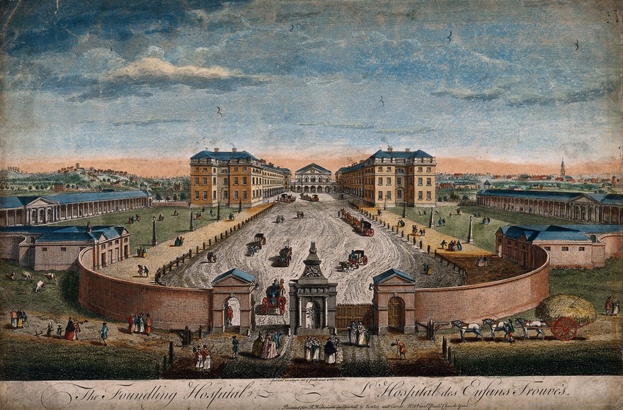 The Foundling Hospital, Holborn, London: a bird's-eye view of the courtyard. Coloured engraving by T. Bowles after L. P. Boitard, 1753.