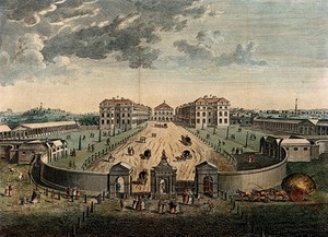 view The Foundling Hospital, Holborn, London: a bird's-eye view of the courtyard, numbered for a key. Coloured engraving after L. P. Boitard, 1753.