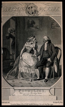 A man holds out his hand to a weeping woman [Fidelia]. Engraving by Springwell after R. Corbould, 1792.