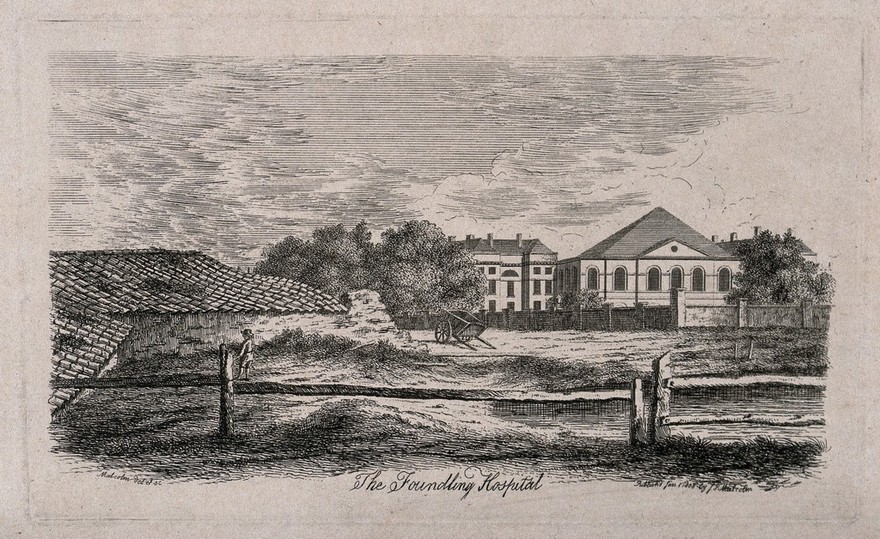 The Foundling Hospital: the main buildings seen from the north, with a farmyard in the foreground. Engraving by J. P. Malcolm after himself, 1808.