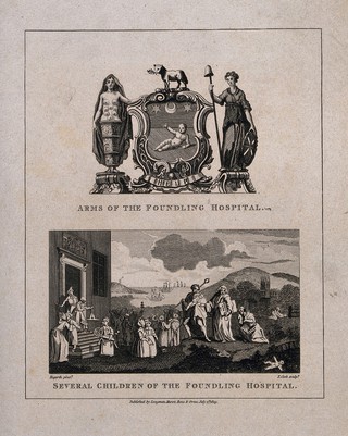 Foundling Hospital: above, the achievement of arms, below, Captain Coram and several children, carrying implements of work, a church and ships in the distance. Engraving by T. Cook, 1809, after W. Hogarth, 1739.
