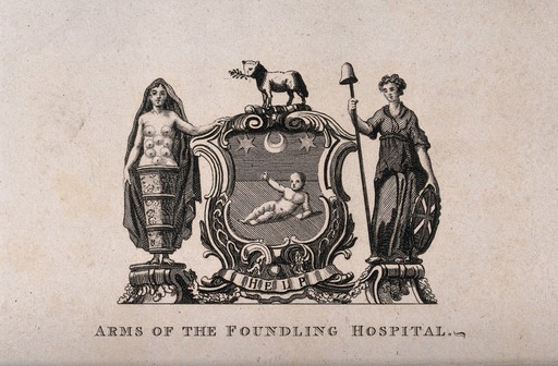 Foundling Hospital: above, the achievement of arms, below