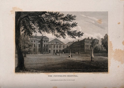 The Foundling Hospital: the main buildings seen from within the grounds. Engraving by Elizabeth Byrne after J. P. Neale, 1816.