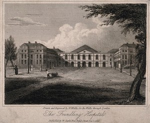 view The Foundling Hospital: the main buildings seen from within the grounds. Engraving by W. Wallis after himself, 1816.