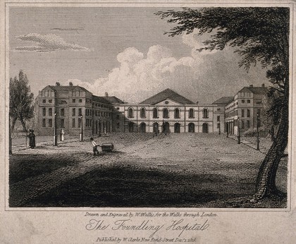 The Foundling Hospital: the main buildings seen from within the grounds. Engraving by W. Wallis after himself, 1816.