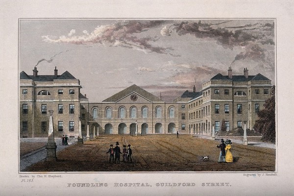 The Foundling Hospital: the main buildings seen from within the grounds. Coloured engraving by J. Henshall after T. H. Shepherd.