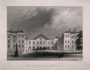 view The Foundling Hospital: the main buildings seen from within the grounds. Engraving by J. Rogers.