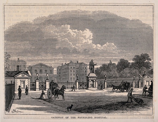 The Foundling Hospital, seen from Lamb's Conduit Street. Wood engraving after P. Justyne.