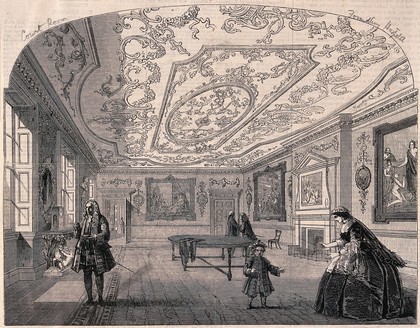 The Foundling Hospital: the interior of the Court Room, with people in eighteenth-century dress. Wood engraving.