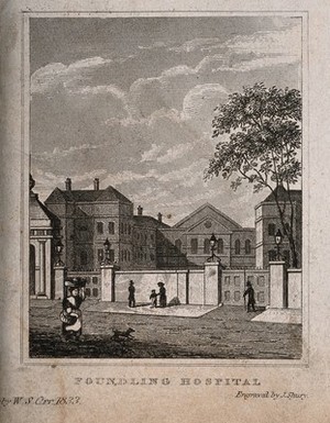 view The Foundling Hospital, London, seen from Lamb's Conduit Street. Engraving by J. Shury, 1833.