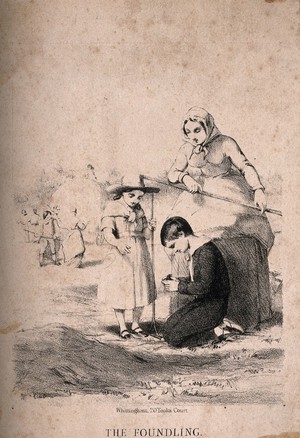 view A boy kneeling, holding a baby bird found while raking corn, with a woman and a girl, each holding a rake. Lithograph.