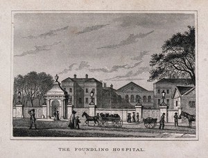 view The Foundling Hospital, seen from Lamb's Conduit Street. Engraving.