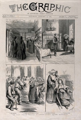 The Italian Hospital, Queen Square, London: four interior scenes. Wood engraving after S. Dorand, 1889.