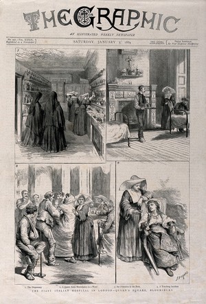 view The Italian Hospital, Queen Square, London: four interior scenes. Wood engraving after S. Dorand, 1889.