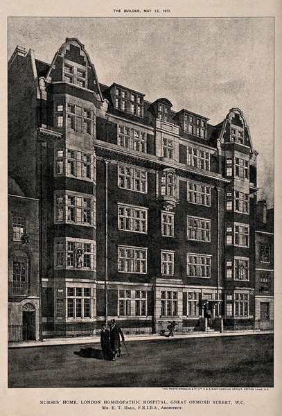 London Homeopathic Hospital, Holborn: the nurses' home. Process print after E. T. Hall, 1911.