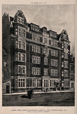 view London Homeopathic Hospital, Holborn: the nurses' home. Process print after E. T. Hall, 1911.