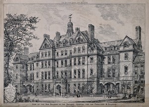 view The National Hospital for the Paralysed and Epileptic, Queen Square, Holborn. Photolithograph by J. Akerman, 1884, after J. W. Simpson, 1883.