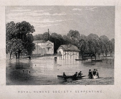 The Royal Humane Society's hut next to the Serpentine, Hyde Park, London. Engraving.