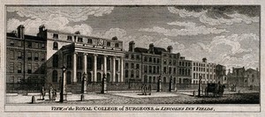 view The Royal College of Surgeons, Lincoln's Inn Fields, London. Engraving by B. Baker, 1814.