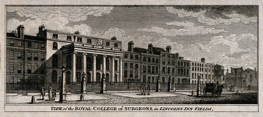 The Royal College of Surgeons, Lincoln's Inn Fields, London. Engraving by B. Baker, 1814.