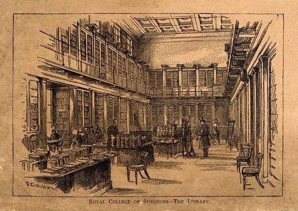 The Royal College of Surgeons, Lincoln's Inn Fields, London: the interior of the library. Wood engraving by F. G. Kitton after himself.