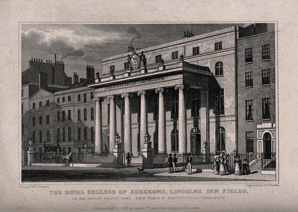 The Royal College of Surgeons, Lincoln's Inn Fields, London. Engraving by W. Deeble, 1828, after T. H. Shepherd.