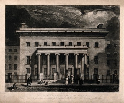 The Royal College of Surgeons, Lincoln's Inn Fields, London. Etching with aquatint by W. O. Geller, 1836, after T. Kearnan.