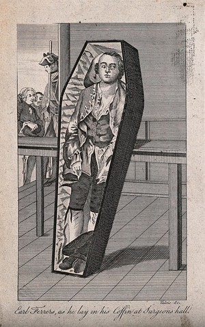 view The body of Earl Ferrers, displayed upright in his coffin at the Royal College of Surgeons. Engraving by Valois.