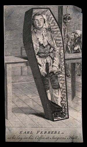 view The body of Earl Ferrers, displayed upright in his coffin at the Royal College of Surgeons. Engraving.