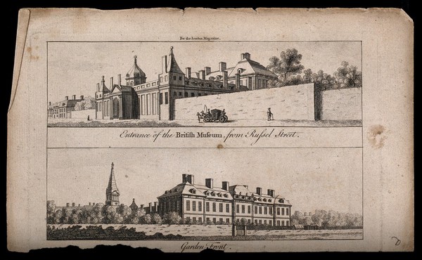 The British Museum at Montague House: (above) the Russell Street facade, and (below) the garden side, with the tower of St George's Church in the background. Engraving after J. Green, 1761.