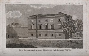 view The British Museum: the exterior of the new gallery. Engraving by T. Prattent after himself, 1810.