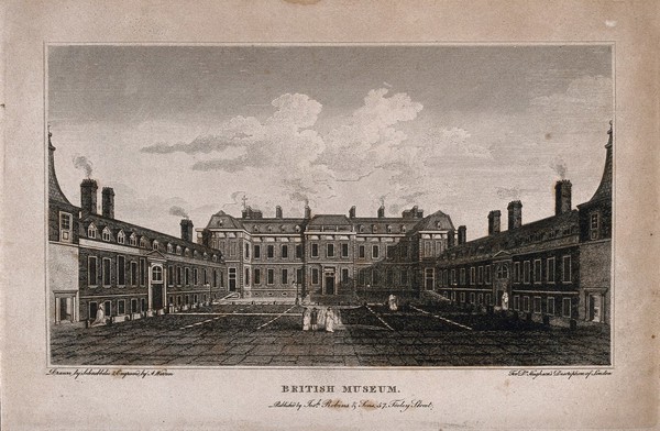 The British Museum at Montague House: the courtyard. Engraving by A. W. Warren after R. B. Schnebbelie.