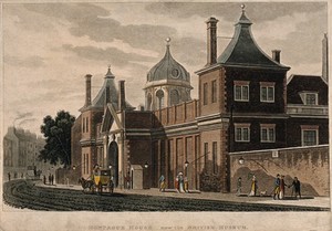 view The British Museum in Montague House: the Russell Street façade. Coloured aquatint after T.H. Shepherd.