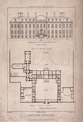 The British Museum at Montague House: a layout plan, and elevation of the garden facade. Engraving by J. Roffe after A. Pugin, 1823.