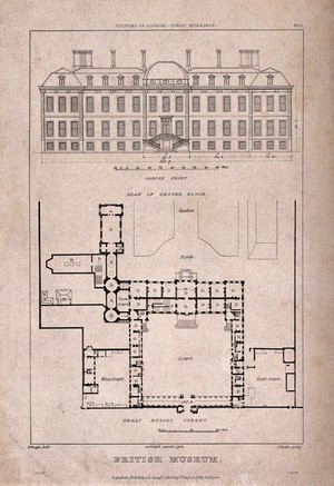 view The British Museum at Montague House: a layout plan, and elevation of the garden facade. Engraving by J. Roffe after A. Pugin, 1823.